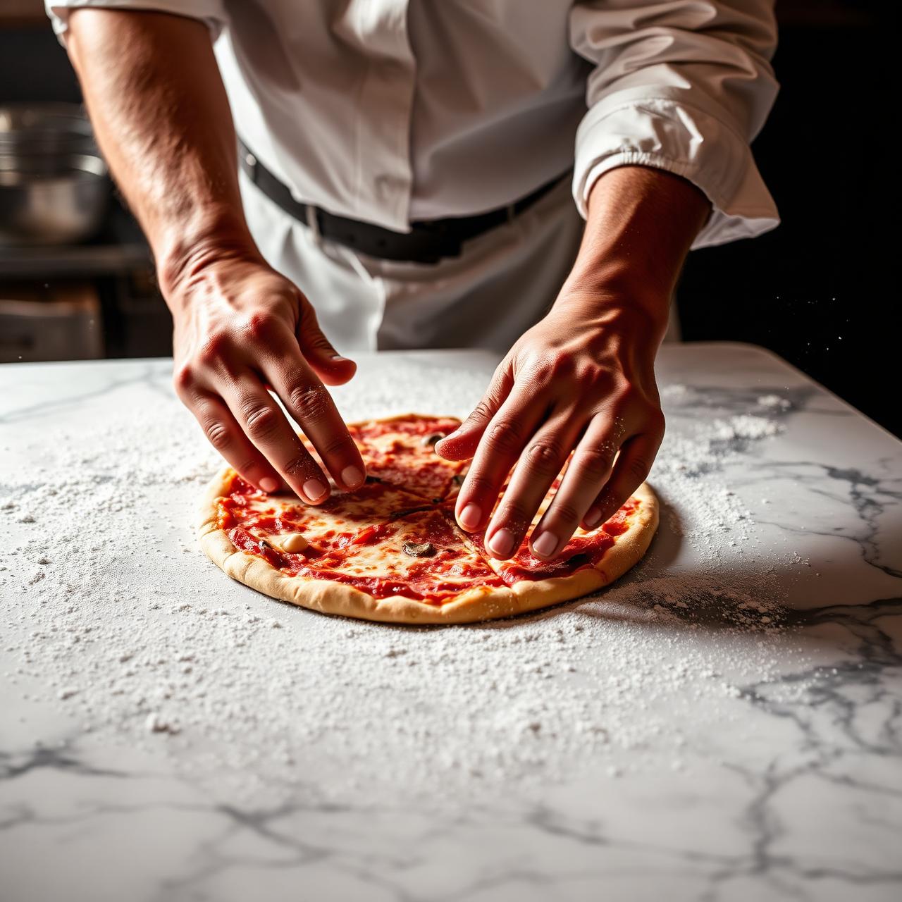 Mani che stendono l'impasto della pizza romana